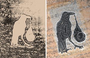 magpie with bag asemic writing