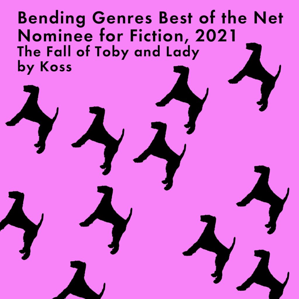 Fall of Toby and Lady zuihitsu promo photo with multiple black Airdale silohettes on pink background