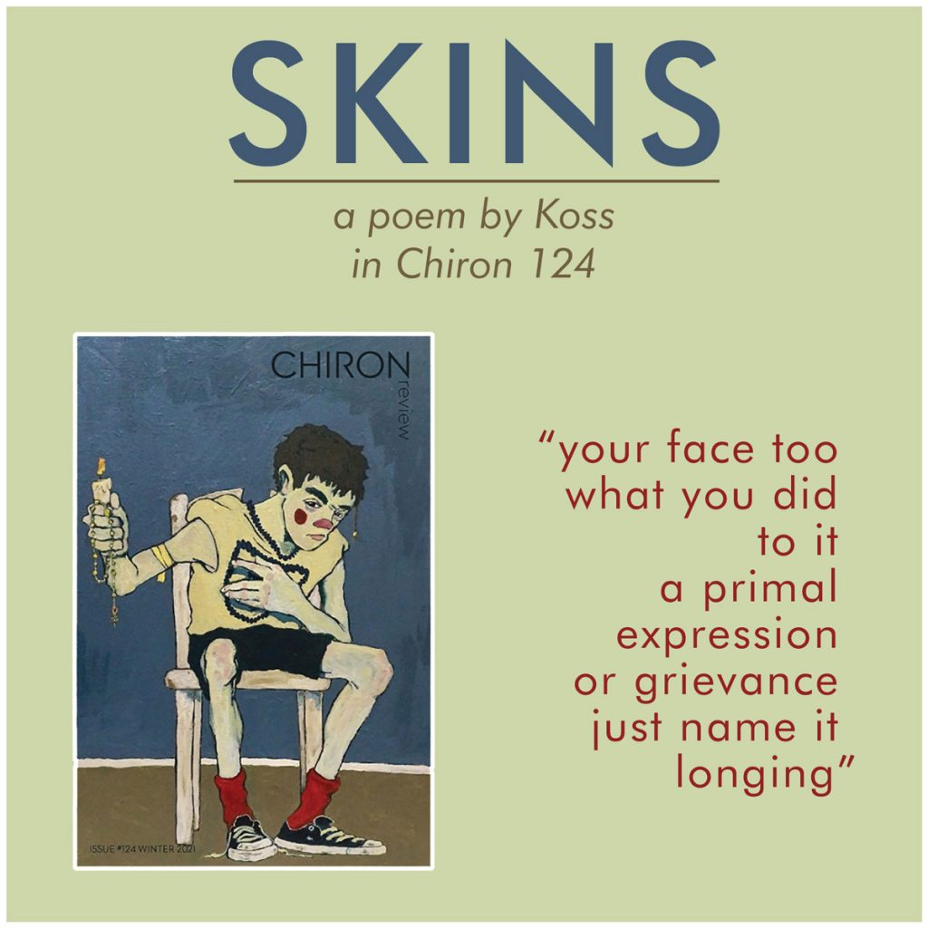 Skins promo poem with cover of Chiron 124 and clownish boy sitting in chair with candle
