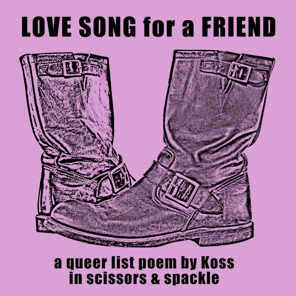 pink motorcycle boots with poetry title and text for Koss's, "Love Song for a Friend."