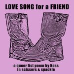 pink motorcycle boots with poetry title and text for Koss's, "Love Song for a Friend."