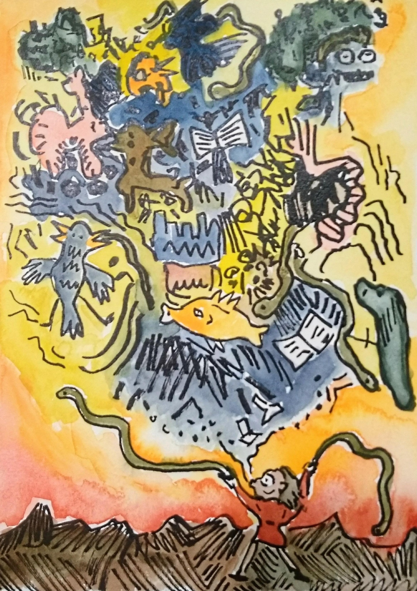 cartoony drawing with red, orange and blue watercolor and a woman slinging snakes while sucking the sludge from the void.