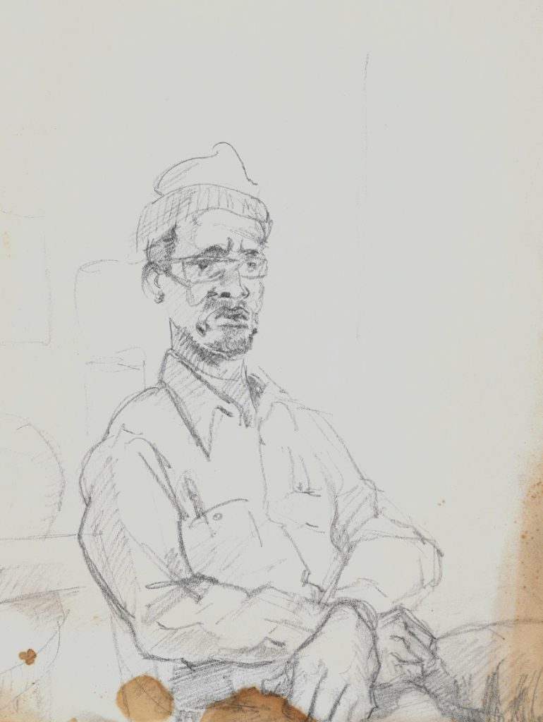 man sitting with arms folded and cap on--a pencil drawing with age stains on it