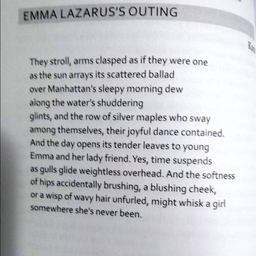 square graphic with poem text: Emma Lazarus's Outing, a poem by Koss in Sinister Wisdom
