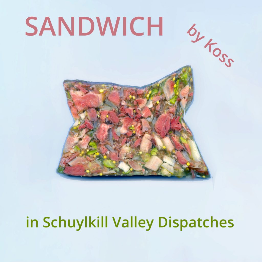head cheese deformed on light blue background with sandwich promotional text