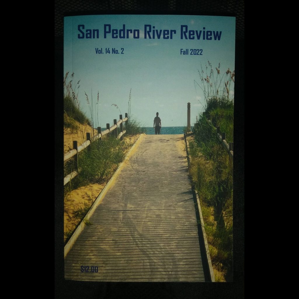 Photo of San Pedro River Review, Volume 14, No. 2 with man looking over water, standing at the end of a wooden beach walk