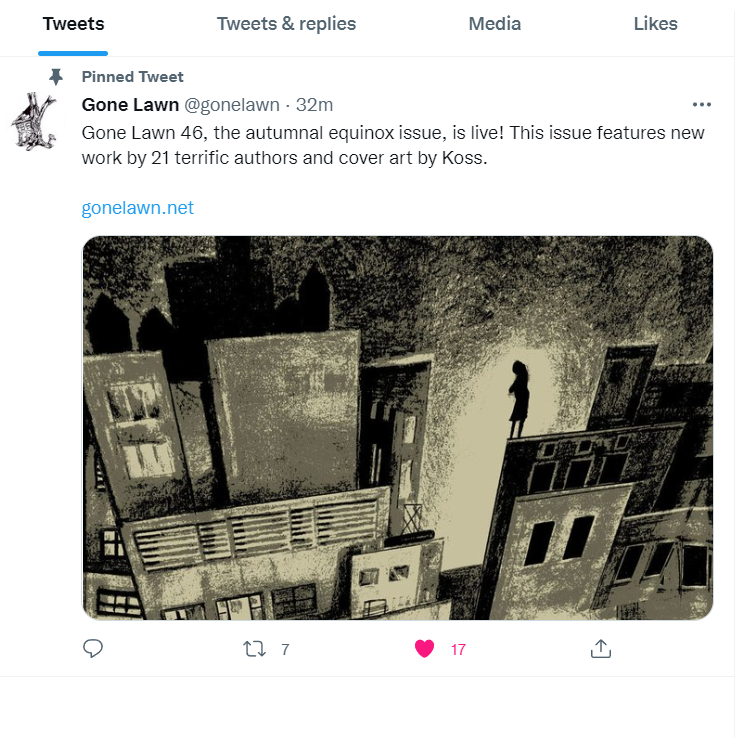 screenshot of gonelawn tweet with covert art for issue 46, woman standing with arms folded on a building in a dark city with spooky lighting.