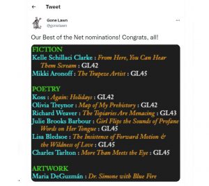 Gone Lawn best of the net nominations 2023, black background with colored text for nominees