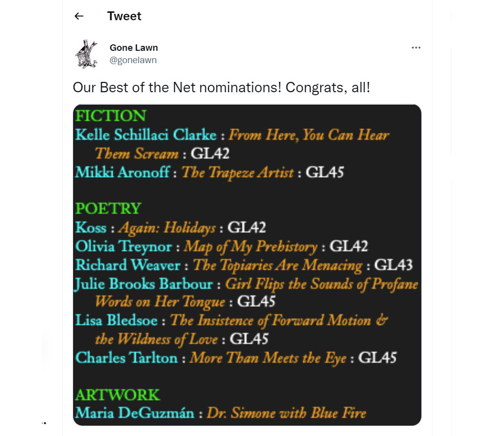 Gone Lawn Best of the Net 2023 Nominations list of nominees in colored text on black background.
