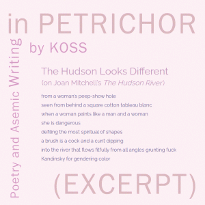 Petrichor publication promo with poem excerpt by Koss on pink background with pink text