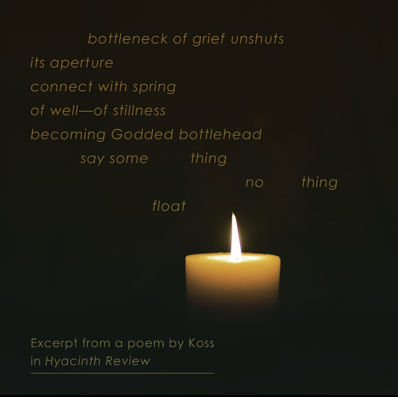 yellow candle on black background with excerpt from mystical poem by Koss in Hyacinth Review