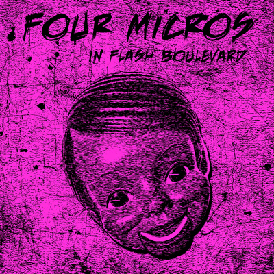 pink micro fiction promo for flash boulevard with ventroliquist dummy face and grunge text