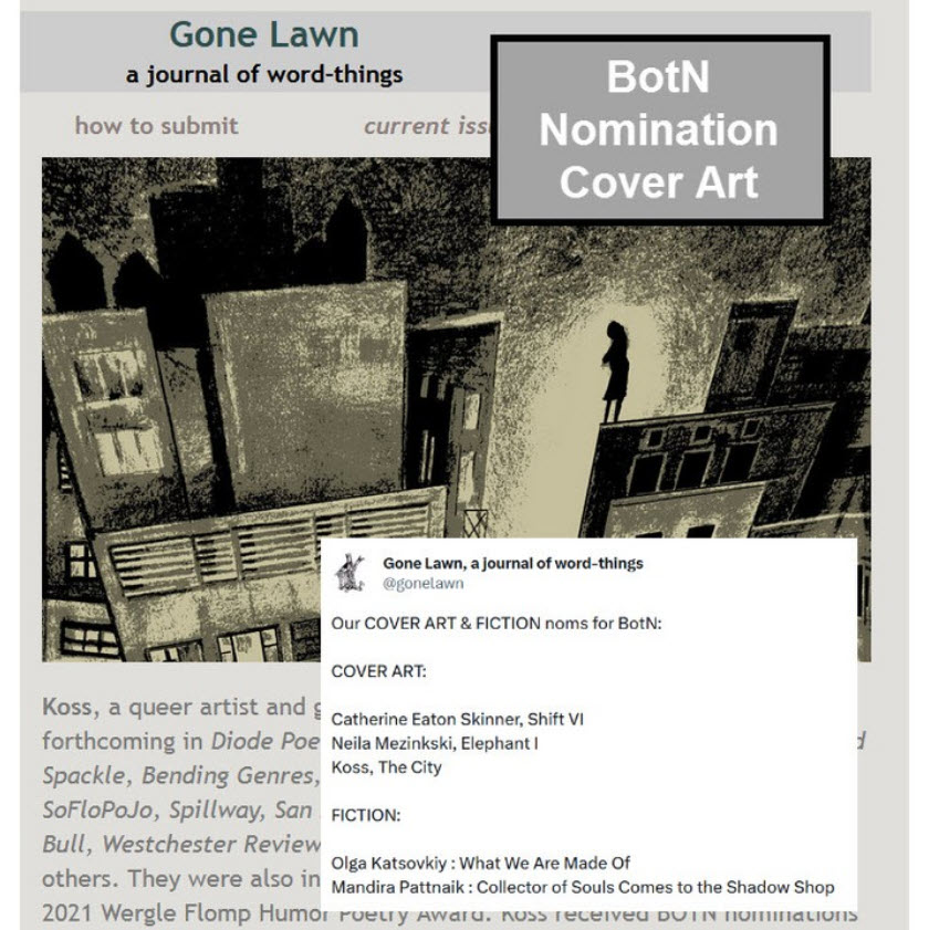drawing of girl on top of spooky buildings with text for Gone Lawn's 2024 best of the net nominees