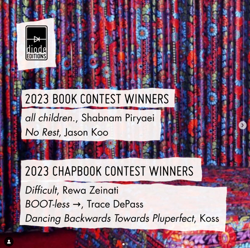 bedspread and curtains with flower power flowers and contest text with diode logo and '23 chapbook and book contest winners