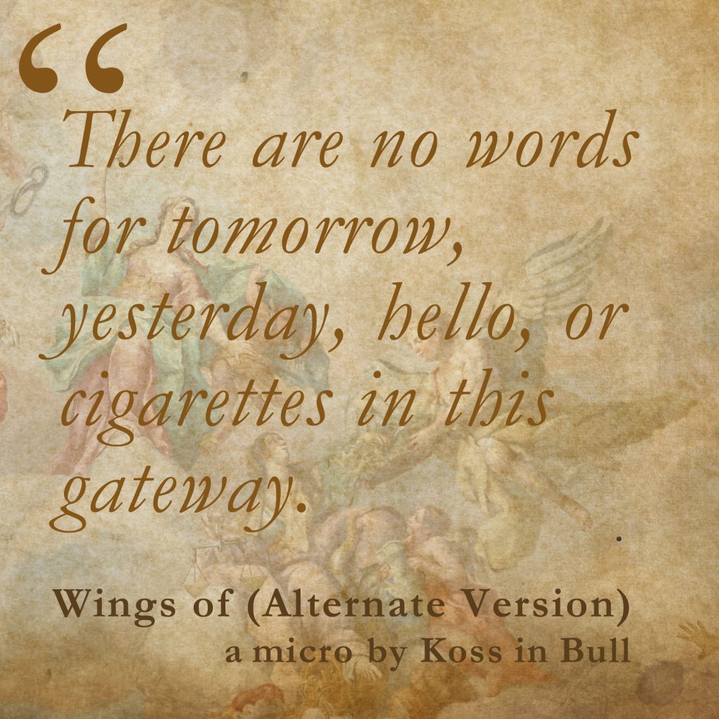 angels in sky with antiqued paper veil and brown text with excerpt from a micro by Koss in Bull Magazine