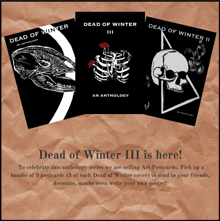 dead of winter III promotion with postcards from all of milk and cake press's antholgies on a paperbag background with text.
