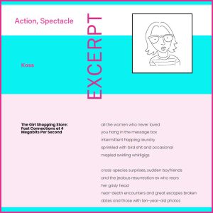 screenshot with cartoon face with striped shirt and glasses of a published poem in action spectacle with aqua and pink colors