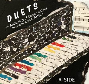 duets cover piano collage with multi-colored rainbow keys, duets anthology edited by Amy Marquez
