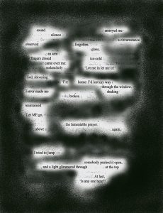 black sprayed erasure poem with abstract skull over Wuthering Heights page
