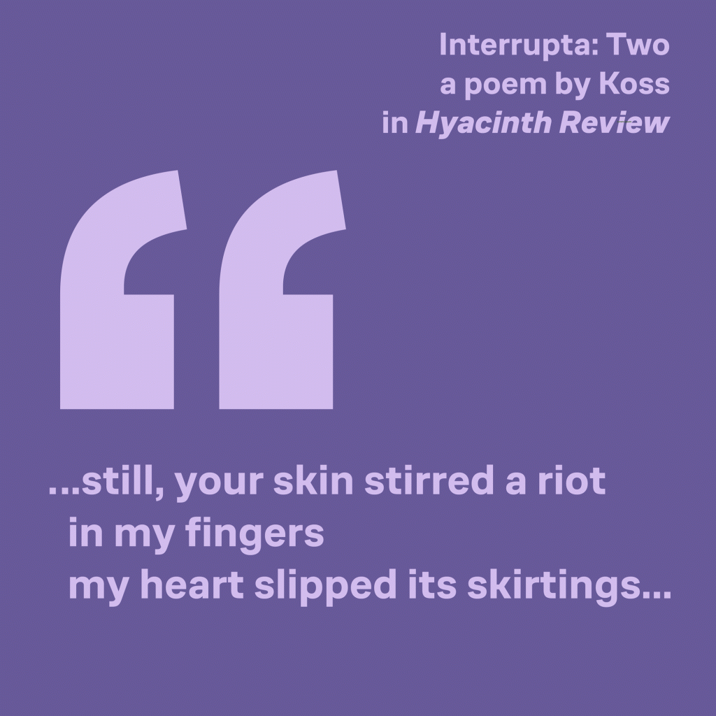 Purple promotion for queer poem with large quotation marks in purple and lavender for Hyacinth Review.