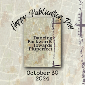 graphic of aerial view and birds on wire with book cover replicated and publication day for Dancing Backwards Towards Pluperfect