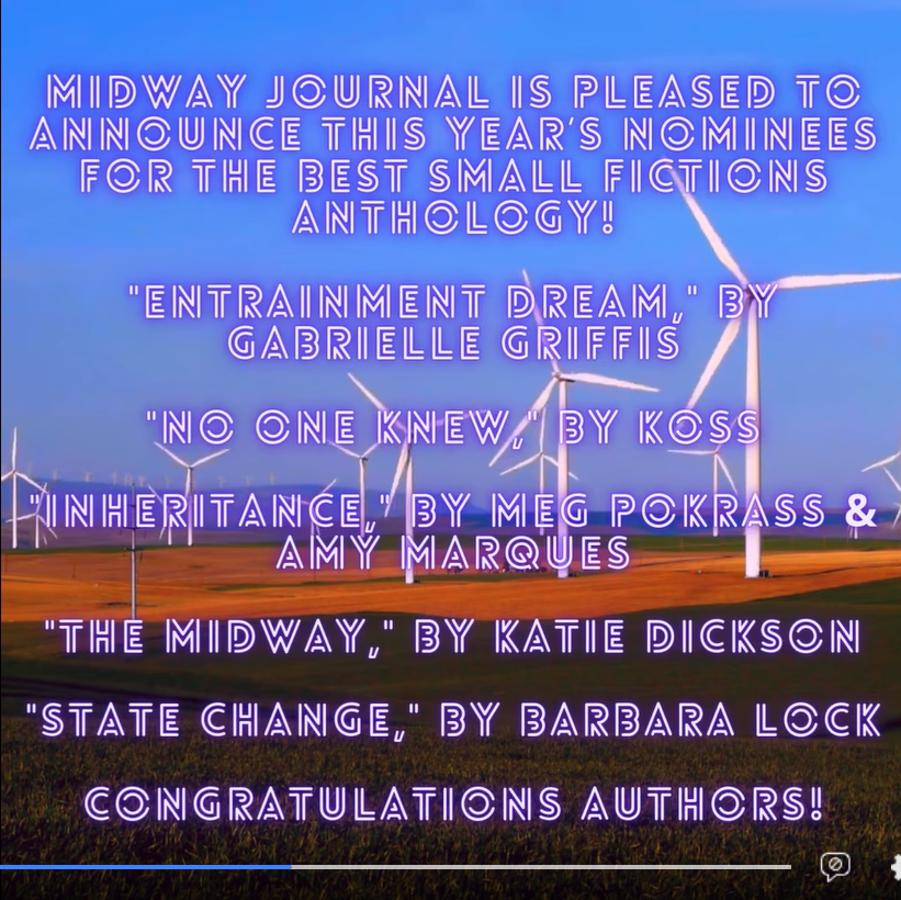 photo with blues and orange of windmills with text about midway journal's best small fiction 2025 nominees