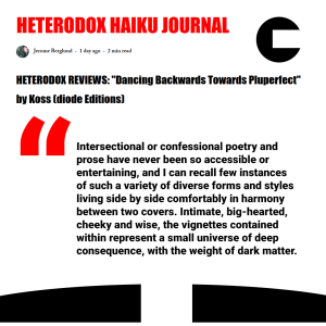 graphic with red black and white shapes and quote from a book review for dancing backwards towards pluperfect.