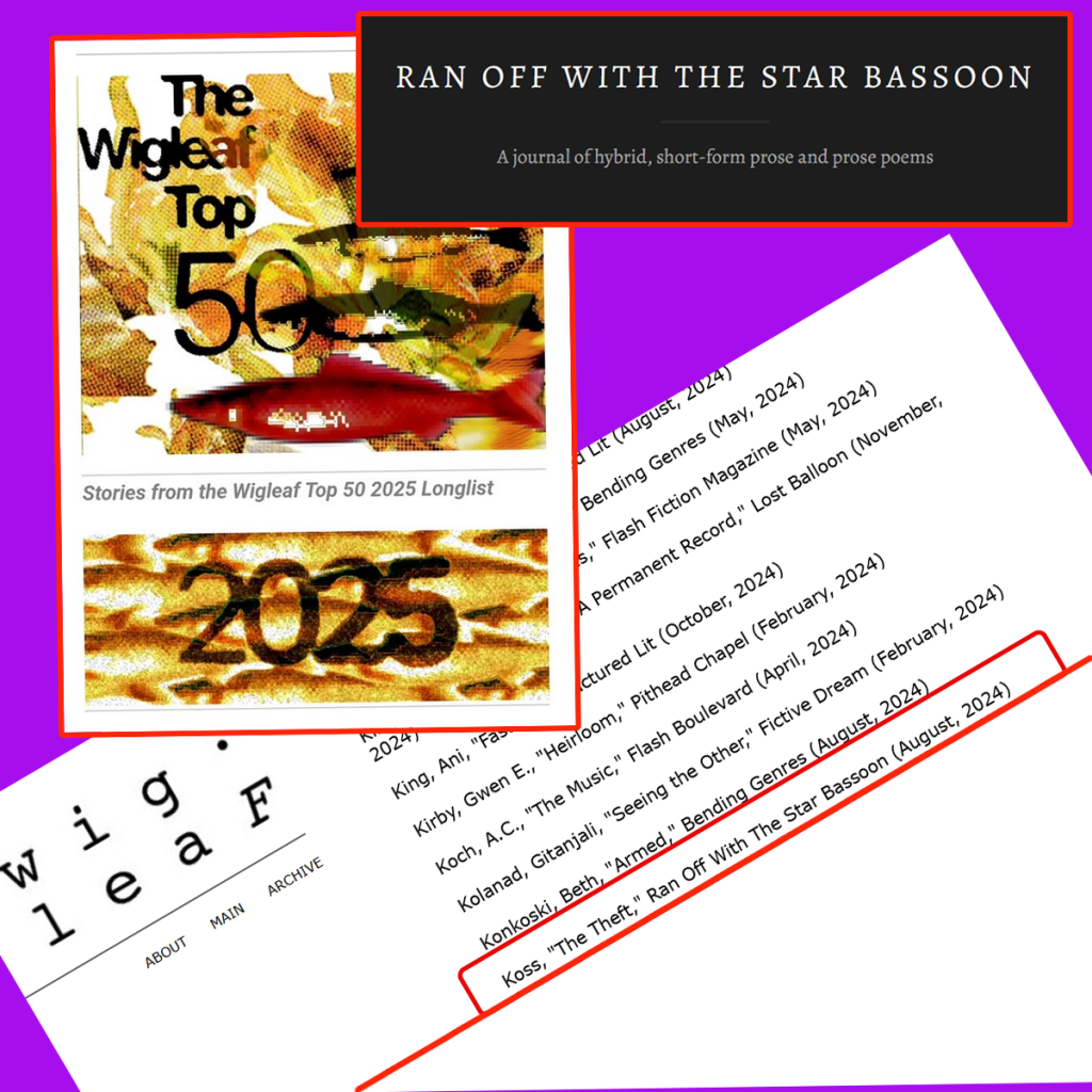 Wigleaf Top 50 promo with Ran OFF with the Star Bassoon text and references to finalists in purple, black, red and white