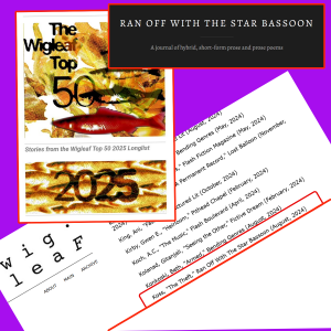 wigleaf top 50 promo with purple, red, black and white and Ran Off With the Star Bassoon text