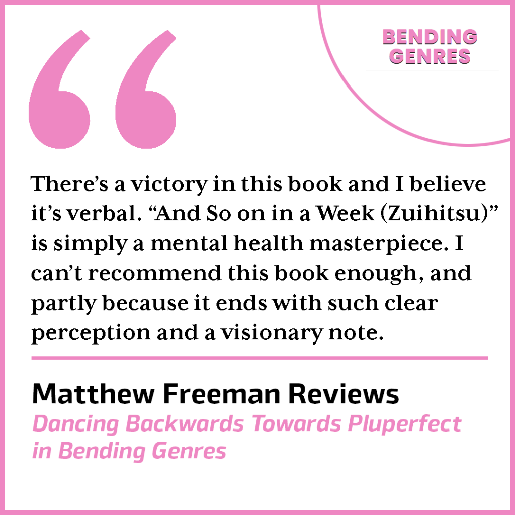 white box with promo text and pink details for a poetry book review in bending genres for dancing backwards towards pluperfect