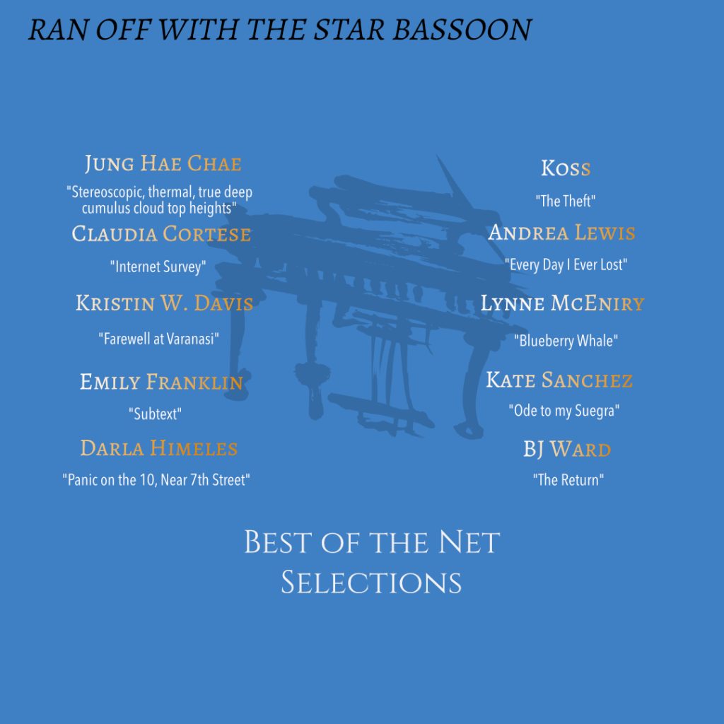 light blue background text with nominations for best of the net and a calligraphic piano in darker shade of muted blue with white text