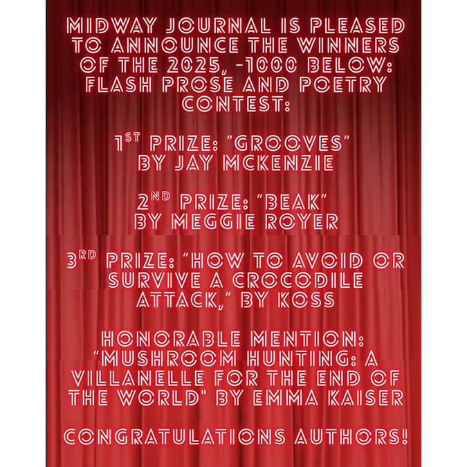red curtains with text from MIdway Journals 2025 writing contest winners in white art deco font.