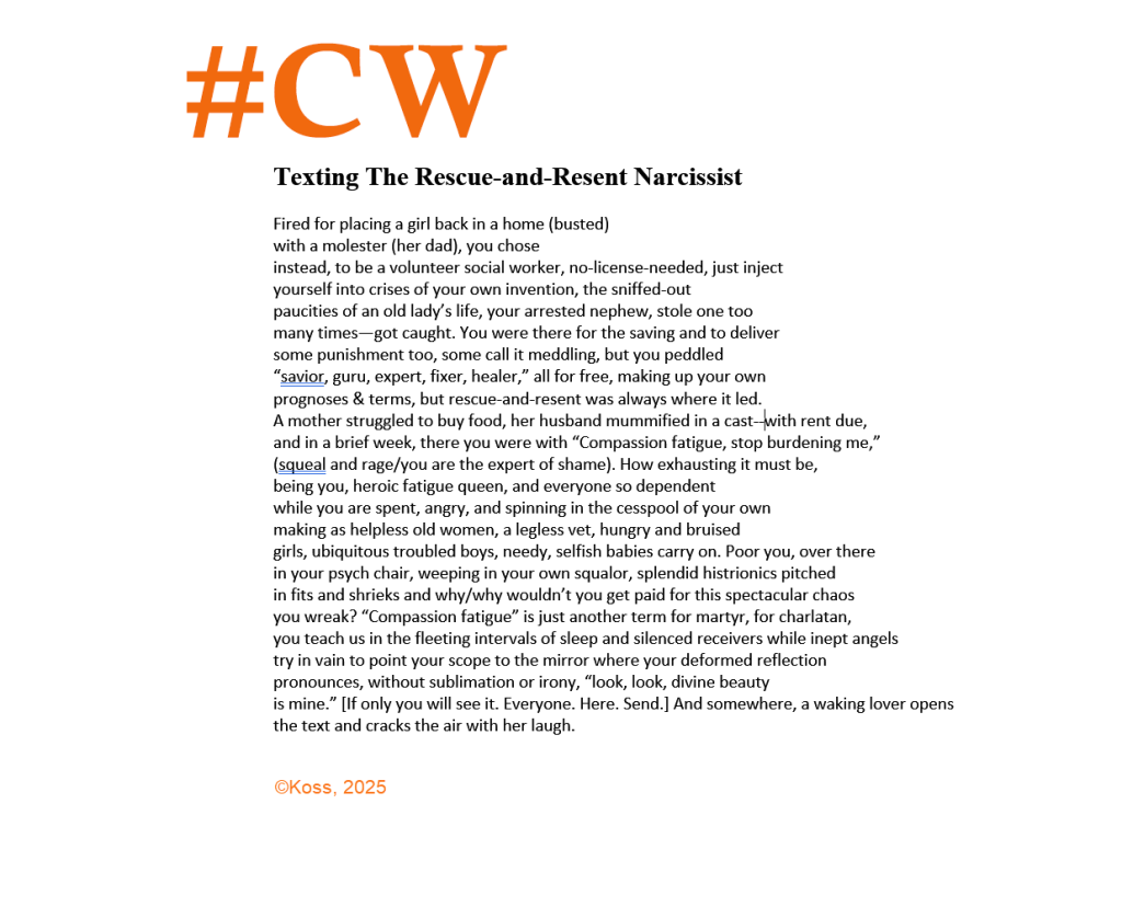 poem about narcissism with orange content warning letters and orange copyright info with white background