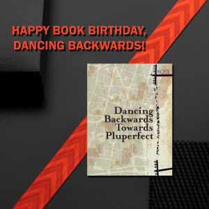 black background with red ribbon stripe diagonal and dancing backwards book in earth tones